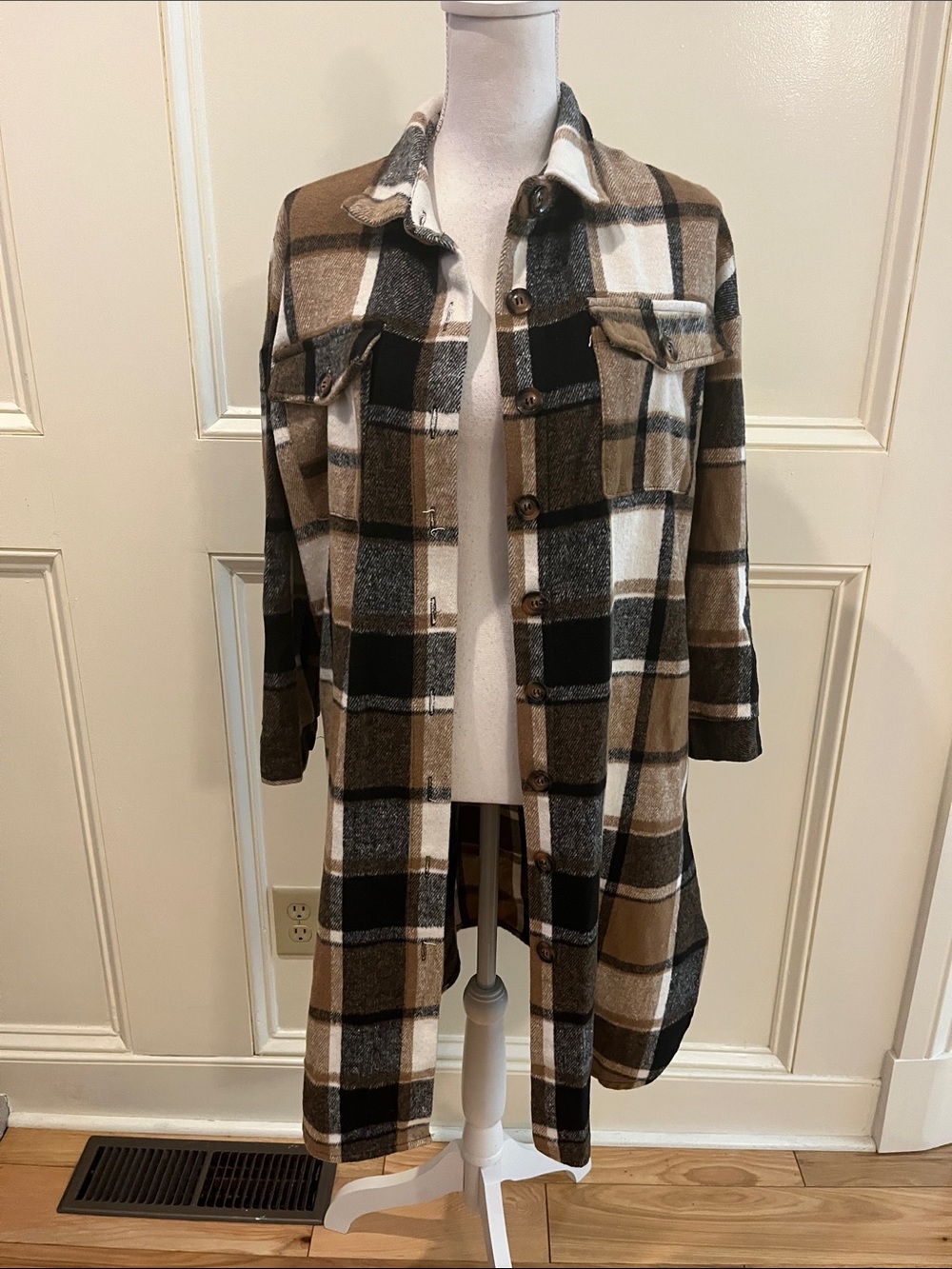 Plaid Long Shacket Coatigan in Brown, Black & Cream